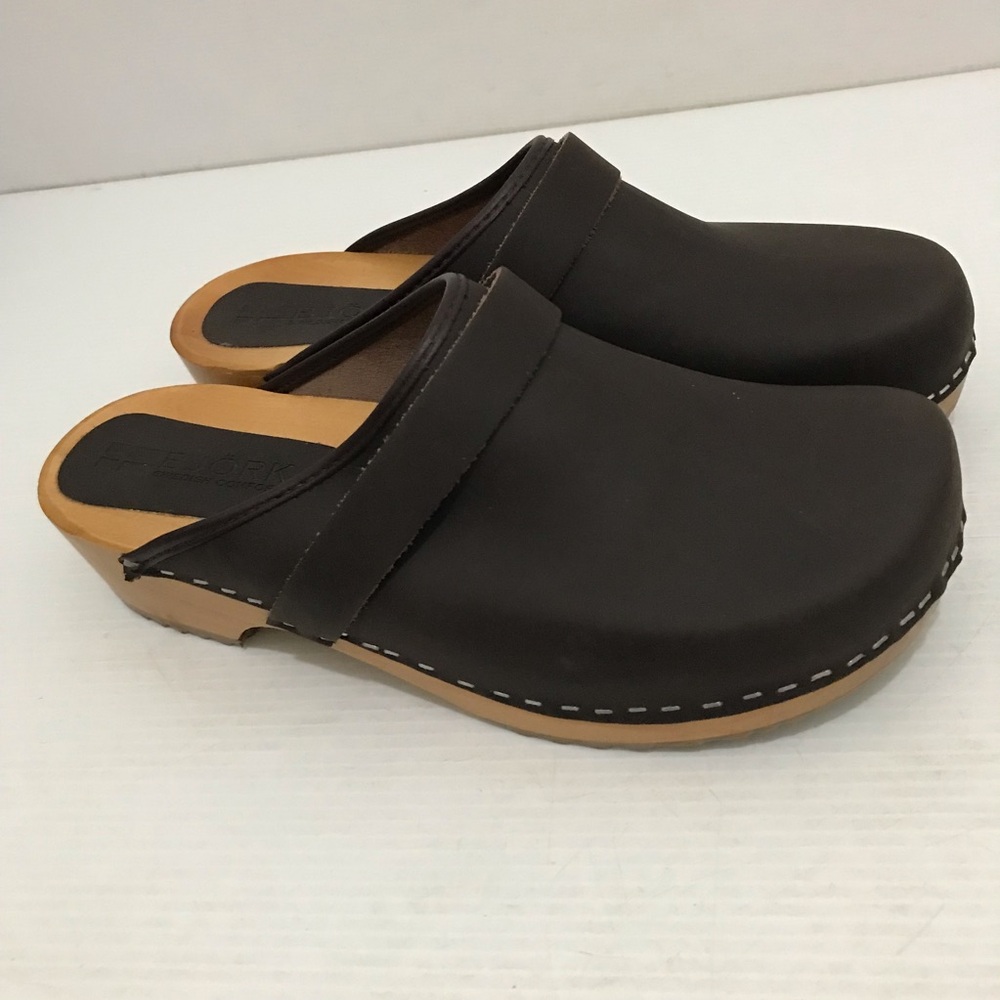 BJORK Maja Wood Open  Brown Oiled Leather Clogs Size 42